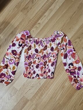 Old NAVY Floral Smocked Off-Shoulder Crop Top - Pink Purple SZ 14/16